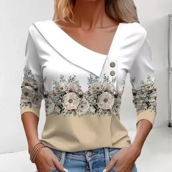 Осень-весна женский топ с наклонным v-образным вырезом и цветочным принтом, соответствующий цвету декор на пуговицах, свободный пуловер средней длины с длинными рукавами, женская блузка L фиолетовый