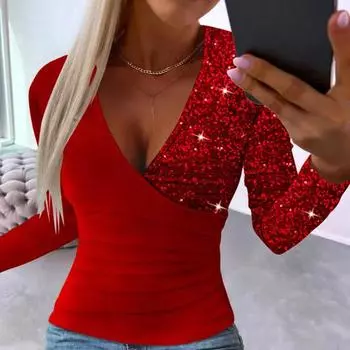 Осень-весна женский топ с v-образным вырезом, блестящие пайетки, лоскутный дизайн, с длинным рукавом, приталенный крой, плиссированный пуловер с крестом и нерегулярным подолом, женская блузка XL синий
