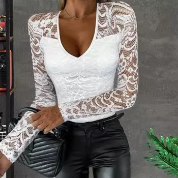 Осень-весна женский топ с вырезом из кружева с цветочной вышивкой, однотонный однотонный топ с v-образным вырезом и длинным рукавом, облегающий лоскутный мягкий женский сексуальный топ M чёрный