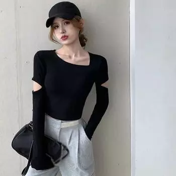 Осень-весна, женский вязаный укороченный топ, узкая блузка, футболка с асимметричным воротником, стильные трикотажные повседневные топы с длинными рукавами и вырезом для девочек, футболка