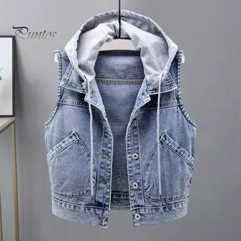 Осень-весна Женское джинсовое пальто однобортное безрукавное с капюшоном и карманами Свободная куртка с завязками на шнурке Короткий жилет для повседневной носки M светло-синий