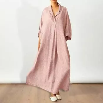 Осень-весна Женское Макси Платье А-силуэта Свободный Подол Длинные Рукава V-образный Вырез Плиссировка С Боковыми Карманами XXL серый