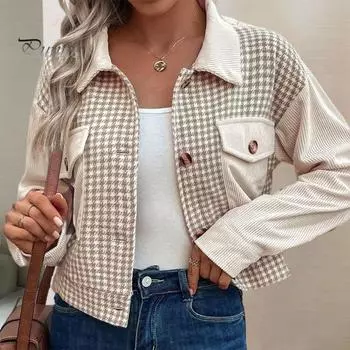 Осень-весна Женское пальто Клетчатый кардиган с застежкой на пуговицы Длинные рукава Нагрудные карманы Отложной воротник Кардиган Повседневная куртка для поездок на работу S хаки