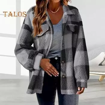 Осень-весна Женское пальто Клетчатый кардиган с застежкой на пуговицы Плотный флис Длинные рукава Ложные нагрудные карманы Отложной воротник Кардиган Повседневная одежда Для поездок на работу M кофейный