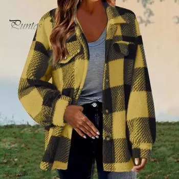Осень-весна Женское пальто Клетчатый кардиган с застежкой на пуговицы Плотный флис Длинные рукава Ложные нагрудные карманы Отложной воротник Кардиган Повседневная одежда Для поездок на работу 3XL коричневый