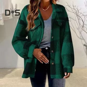 Осень-весна Женское пальто Клетчатый кардиган с застежкой на пуговицы Плотный флис Длинные рукава Ложные нагрудные карманы Отложной воротник Кардиган Повседневная одежда Для поездок на работу M серый