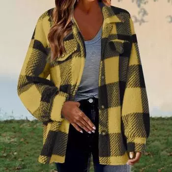 Осень-весна Женское пальто Клетчатый кардиган с застежкой на пуговицы Толстый флис Длинные рукава Ложные нагрудные карманы Отложной воротник Кардиган Повседневная одежда M серый