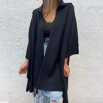 Осень-весна Женское пальто Неровный подол Свободный ажурный шов Однотонный рукав Летучая мышь Пончо Отложной воротник Кардиган Накидка для свиданий Куртка для поездок на работу L абрикосовый