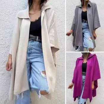 Осень-весна Женское пальто Неровный подол Свободный ажурный шов Однотонный рукав Летучая мышь Пончо Отложной воротник Кардиган Накидка для свиданий Куртка для поездок на работу M розы красного