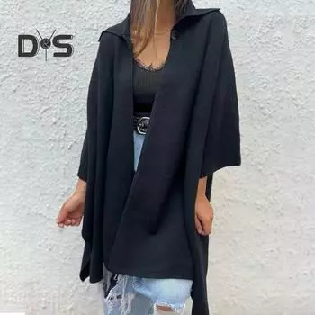 Осень-весна Женское пальто Неровный подол Свободный ажурный шов Однотонный рукав Летучая мышь Пончо Отложной воротник Кардиган Накидка для свиданий Куртка для поездок на работу XL абрикосовый