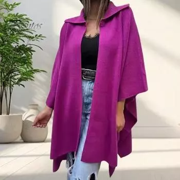 Осень-весна Женское пальто Неровный подол Свободный ажурный шов Однотонный рукав Летучая мышь Пончо Отложной воротник Кардиган Накидка для свиданий Куртка для поездок на работу M серый
