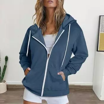 Осень-весна Женское пальто с капюшоном, завязками на шнурке, длинными рукавами, карманами, застежкой-молнией, эластичными манжетами, низом, свободная спортивная толстовка с капюшоном M темно-серого