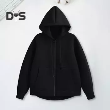 Осень-весна Женское пальто с капюшоном, завязками на шнурке, длинными рукавами, карманами, застежкой-молнией, эластичными манжетами, свободным низом, спортивная толстовка с капюшоном, повседневная куртка для повседневной носки S чёрный