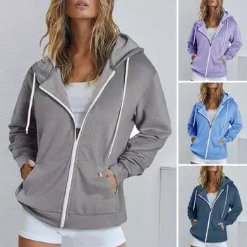 Осень-весна Женское пальто с капюшоном, завязками на шнурке, длинными рукавами, карманами, застежкой-молнией, эластичными манжетами, свободным низом, спортивная толстовка с капюшоном, повседневная куртка для повседневной носки M светло-серый