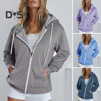 Осень-весна Женское пальто с капюшоном, завязками на шнурке, длинными рукавами, карманами, застежкой-молнией, эластичными манжетами, свободным низом, спортивная толстовка с капюшоном, повседневная куртка для повседневной носки M темно-серого