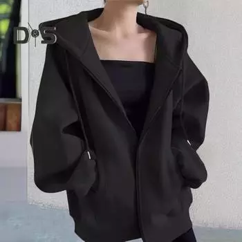 Осень-весна Женское пальто с капюшоном, завязками на шнурке, длинными рукавами, карманами, застежкой-молнией, эластичными манжетами, свободным низом, спортивная толстовка с капюшоном, повседневная куртка для повседневной носки XL серый