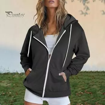 Осень-весна Женское пальто с капюшоном, завязками на шнурке, длинными рукавами, карманами, застежкой-молнией, эластичными манжетами, свободным низом, спортивная толстовка с капюшоном, повседневная куртка для повседневной носки M светло-серый