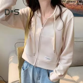 Осень-весна Женское пальто с капюшоном, завязками на шнурке, длинными рукавами, карманами, застежкой-молнией, эластичными манжетами, короткими резинками, спортивной толстовкой, повседневной одеждой, куртка серый