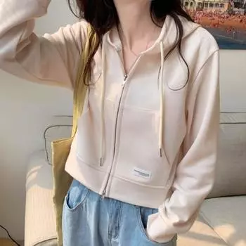 Осень-весна Женское пальто с капюшоном, завязками на шнурке, длинными рукавами, карманами, застежкой-молнией, эластичными манжетами, короткими резинками, спортивной толстовкой, повседневной одеждой, куртка бежевый