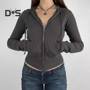 Осень-весна Женское пальто с капюшоном, завязками на шнурке, длинными рукавами, карманами, застежкой-молнией, эластичными манжетами, подолом, облегающим кроем, спортивная толстовка с капюшоном, повседневная куртка для повседневной носки S светло-серый