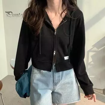 Осень-весна Женское пальто с капюшоном, завязками на шнурке, длинными рукавами, карманами, застежкой-молнией, эластичными манжетами, короткими резинками, спортивной толстовкой, повседневной одеждой, куртка чёрный