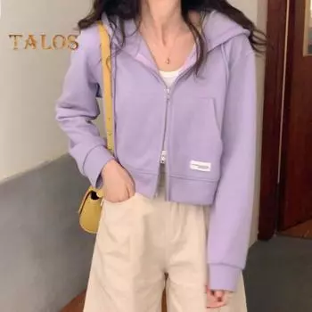 Осень-весна Женское пальто с капюшоном, завязками на шнурке, длинными рукавами, карманами, застежкой-молнией, эластичными манжетами, короткими резинками, спортивной толстовкой, повседневной одеждой, куртка фиолетовый