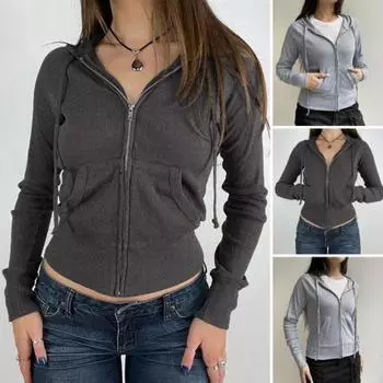 Осень-весна Женское пальто с капюшоном, завязками на шнурке, длинными рукавами, карманами, застежкой-молнией, эластичными манжетами, подолом, облегающим кроем, спортивная толстовка с капюшоном, повседневная куртка для повседневной носки S серый