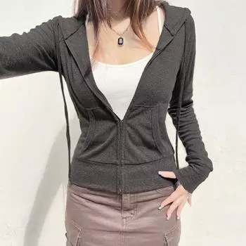 Осень-весна Женское пальто с капюшоном, завязками на шнурке, длинными рукавами, карманами, застежкой-молнией, эластичными манжетами, подолом, облегающим кроем, спортивная толстовка с капюшоном, повседневная куртка для повседневной носки S светло-серый