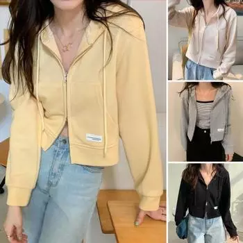 Осень-весна Женское пальто с капюшоном, завязками на шнурке, длинными рукавами, карманами, застежкой-молнией, эластичными манжетами, короткими резинками, спортивной толстовкой, повседневной одеждой, куртка серый