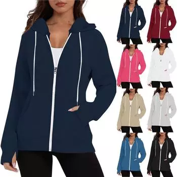 Осень-весна Женское пальто с капюшоном, завязками на шнурке, длинными рукавами, карманами, застежкой-молнией, эластичными манжетами, свободным низом, спортивная толстовка с капюшоном, повседневная куртка для повседневной носки S белый