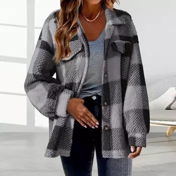 Осень-весна Женское пальто с клетчатым принтом Кардиган на пуговицах Толстый флис Длинные рукава Ложные нагрудные карманы Отложной воротник Кардиган Da M кофейный