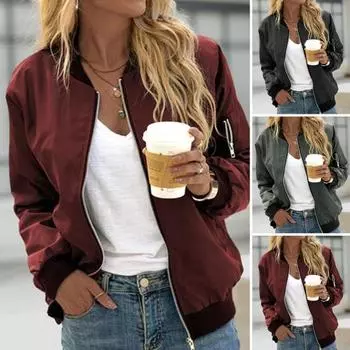 Осень-весна женское пальто с воротником-стойкой на молнии и эластичными манжетами на подоле, однотонный свободный кардиган для повседневной носки, женская куртка для отдыха на природе