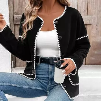 Осень-весна Женское пальто с зигзагообразным краем, однобортный кардиган на пуговицах, свободный, подходящий по цвету, с длинными рукавами, куртка для свиданий и поездок на работу S чёрный