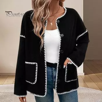 Осень-весна Женское пальто с зигзагообразным краем, однобортный кардиган на пуговицах, свободный, подходящий по цвету, с длинными рукавами, куртка для свиданий и поездок на работу S чёрный