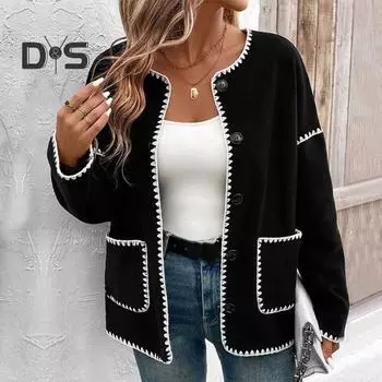 Осень-весна Женское пальто с зигзагообразным краем, однобортный кардиган на пуговицах, свободный, подходящий по цвету, с длинными рукавами, куртка для свиданий и поездок на работу S чёрный