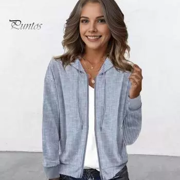 Осень-весна женское пальто в полоску с капюшоном и шнурком с длинными рукавами на молнии кардиган свободная повседневная куртка 2XL серый