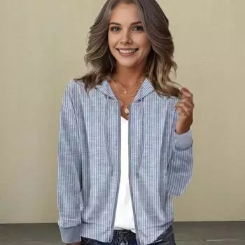 Осень-весна женское пальто в полоску с капюшоном и шнурком с длинными рукавами на молнии кардиган свободная повседневная куртка 2XL серый