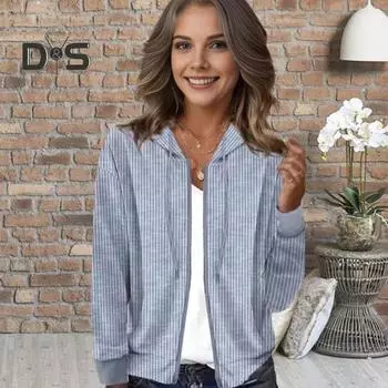 Осень-весна женское пальто в полоску с капюшоном и шнурком с длинными рукавами на молнии кардиган свободная повседневная куртка 2XL серый