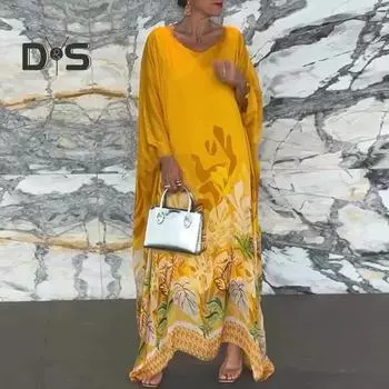 Осень-весна женское платье большого размера с цветочным принтом, соответствующий цвету халата, длинные рукава «летучая мышь», круглый вырез, пуловер с нерегулярным подолом, вечерние платья для свиданий макси M белый