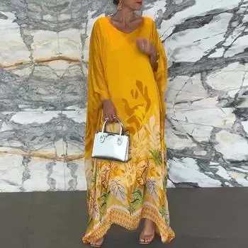 Осень-весна женское платье большого размера с цветочным принтом, соответствующий цвету халата, длинные рукава «летучая мышь», круглый вырез, пуловер с нерегулярным подолом, вечерние платья для свиданий макси M белый