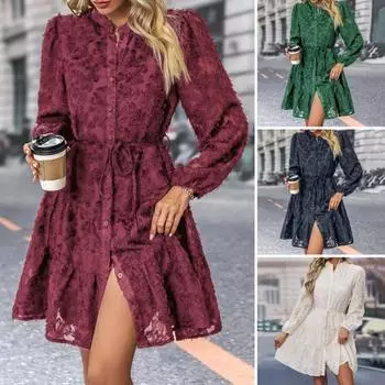 Осень-весна Женское платье Круглый вырез Кружевная аппликация Длинные рукава Застежка на пуговицы Шнуровка Ремешок Тонкая талия S темно-синий