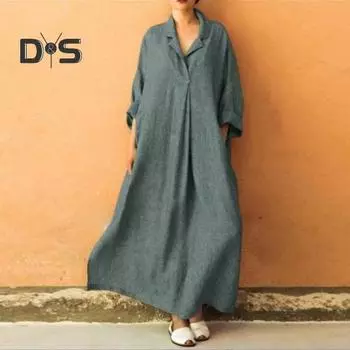 Осень-весна женское платье макси трапециевидной формы со свободным подолом, длинными рукавами, V-образным вырезом, плиссированными и боковыми карманами, пуловер, чистый цвет, повседневное платье, сумки S розовый