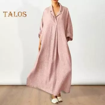 Осень-весна женское платье макси трапециевидной формы со свободным подолом, длинными рукавами, V-образным вырезом, плиссированными и боковыми карманами, пуловер, чистый цвет, повседневное платье, сумки XXL серый