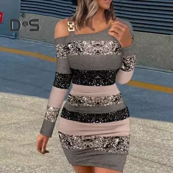 Осень-весна женское платье на одно плечо с длинным рукавом эластичная цепочка декор оболочка с узкой талией плиссированные пайетки облегающий крой выше колена клубное мини-платье M серый/розовый