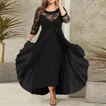 Осень-весна женское платье прозрачное ажурное кружево с цветочной вышивкой рукав три четверти двухслойное с круглым вырезом большие качели плюс размер высокий 3XL чёрный
