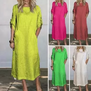 Осень-весна женское платье с коротким рукавом и запонками вокруг шеи однотонное свободное свободное повседневное платье миди с большим карманом