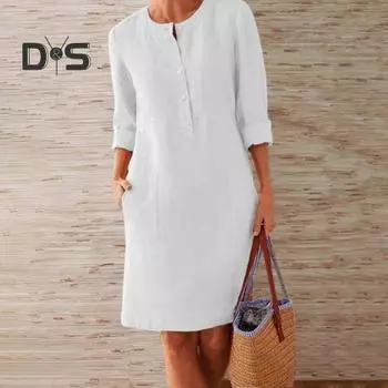 Осень-весна женское платье с круглым вырезом, однотонные пуговицы, свободное платье с длинными рукавами и накладным карманом длиной до колена, повседневное повседневное платье XL хаки