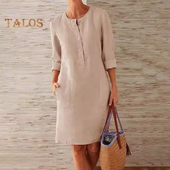 Осень-весна женское платье с круглым вырезом, однотонные пуговицы, свободное платье с длинными рукавами и накладным карманом длиной до колена, повседневное повседневное платье M белый