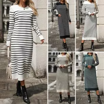 Осень-весна женское платье с круглым вырезом в полоску с принтом приталенный крой длинные рукава прямой M зелёный