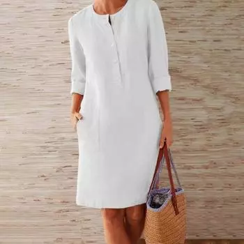 Осень-весна женское платье с круглым вырезом, однотонные пуговицы, свободное платье с длинными рукавами и накладным карманом длиной до колена, повседневное повседневное платье 2XL чёрный